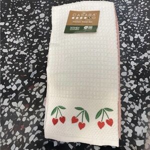 NEW Casaba Embroidered Kitchen Towel Set of 3 Hearts Solid Pink Cherries Cotton